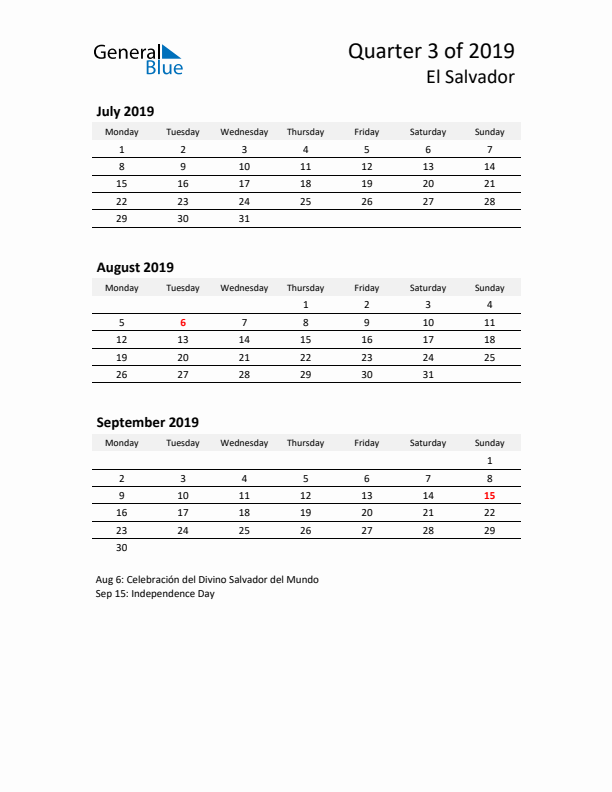 2019 Q3 Three-Month Calendar for El Salvador