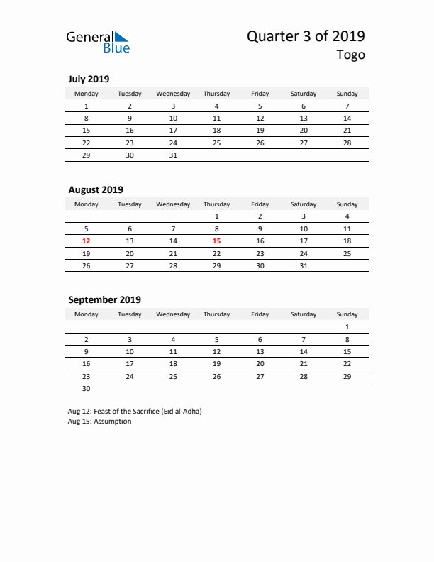 2019 Q3 Three-Month Calendar for Togo