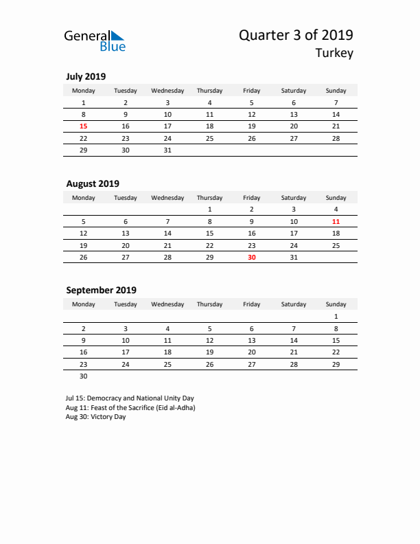 2019 Q3 Three-Month Calendar for Turkey