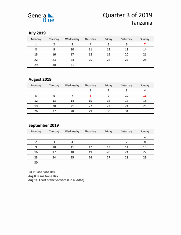 2019 Q3 Three-Month Calendar for Tanzania