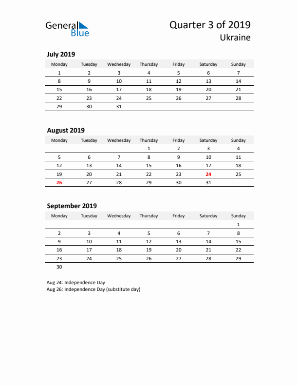 2019 Q3 Three-Month Calendar for Ukraine