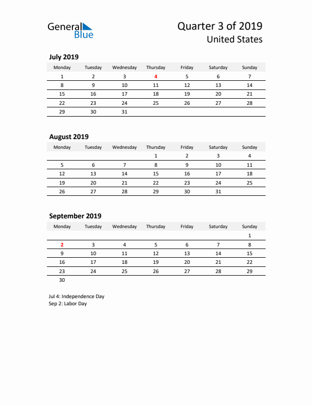 2019 Q3 Three-Month Calendar for United States