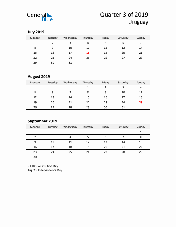 2019 Q3 Three-Month Calendar for Uruguay