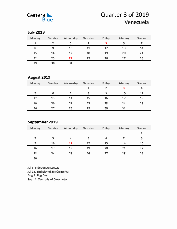 2019 Q3 Three-Month Calendar for Venezuela