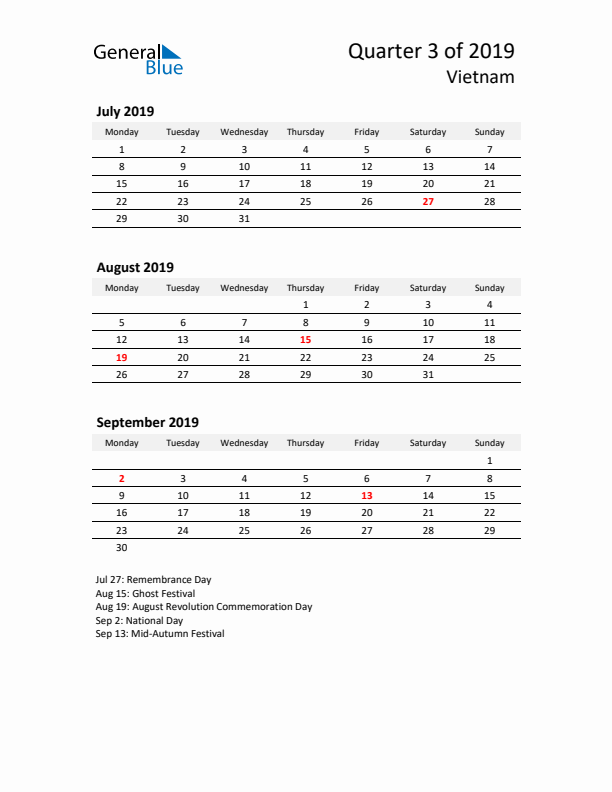 2019 Q3 Three-Month Calendar for Vietnam