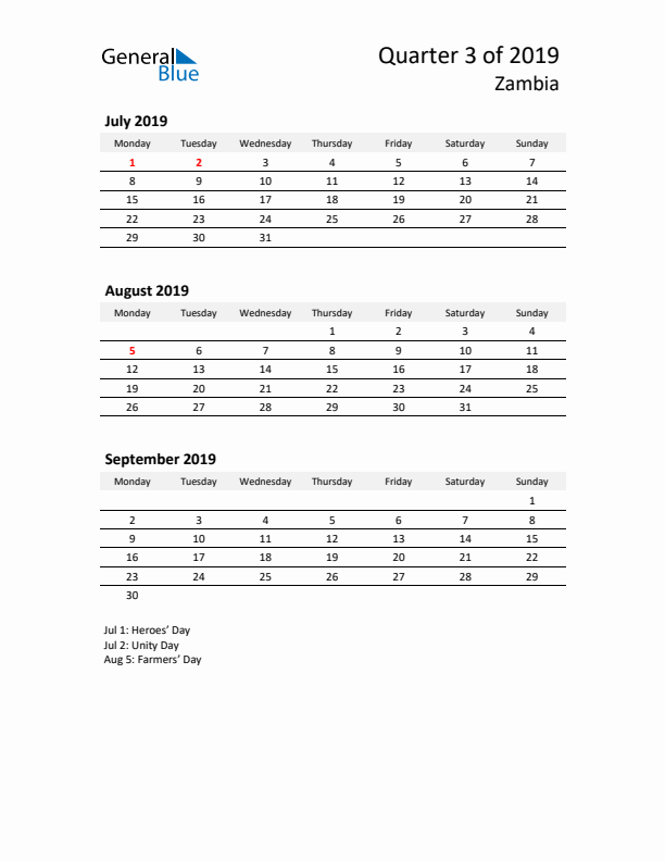 2019 Q3 Three-Month Calendar for Zambia