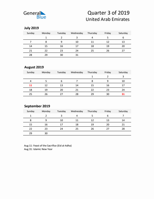 2019 Q3 Three-Month Calendar for United Arab Emirates