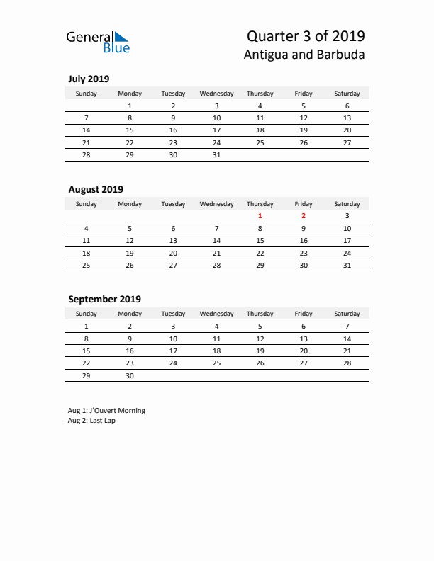 2019 Q3 Three-Month Calendar for Antigua and Barbuda