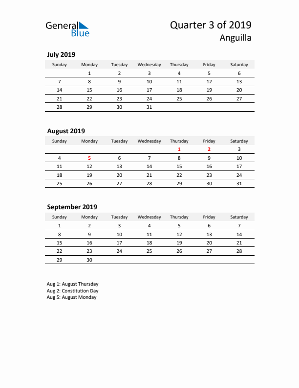 2019 Q3 Three-Month Calendar for Anguilla