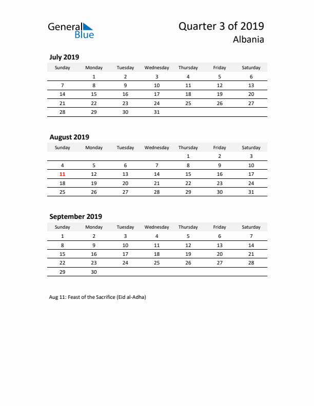 2019 Q3 Three-Month Calendar for Albania