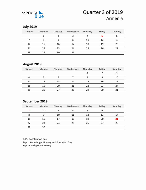 2019 Q3 Three-Month Calendar for Armenia