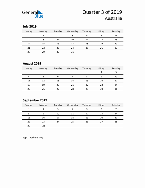 2019 Q3 Three-Month Calendar for Australia