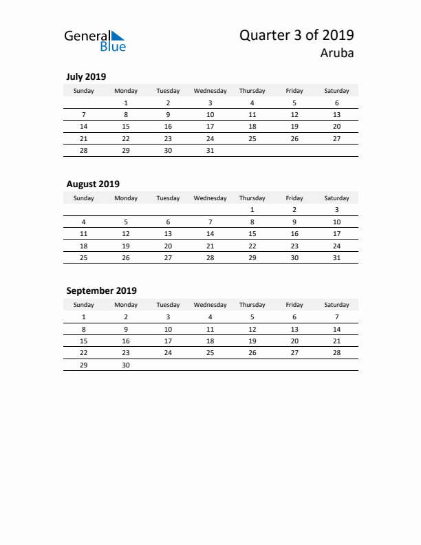 2019 Q3 Three-Month Calendar for Aruba