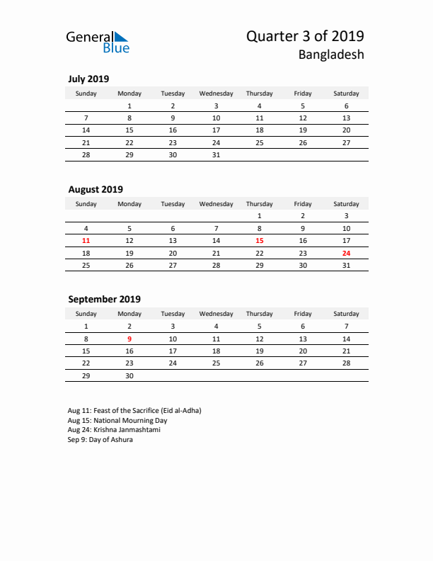 2019 Q3 Three-Month Calendar for Bangladesh