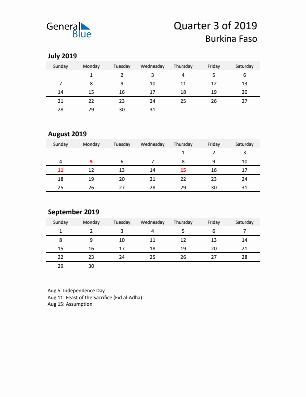 2019 Q3 Three-Month Calendar for Burkina Faso