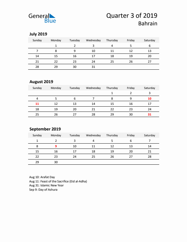 2019 Q3 Three-Month Calendar for Bahrain