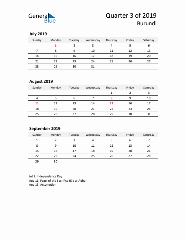 2019 Q3 Three-Month Calendar for Burundi