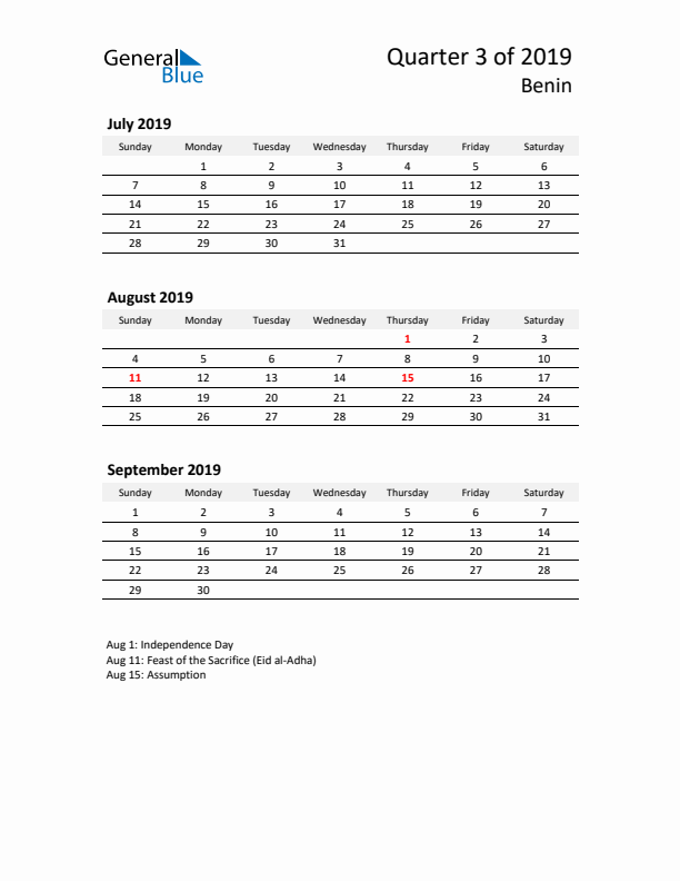 2019 Q3 Three-Month Calendar for Benin