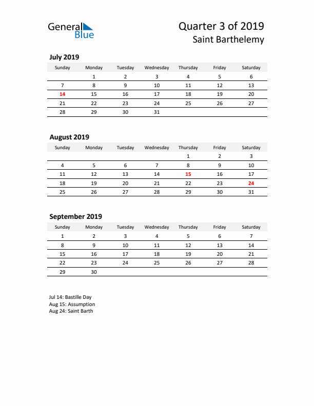 2019 Q3 Three-Month Calendar for Saint Barthelemy