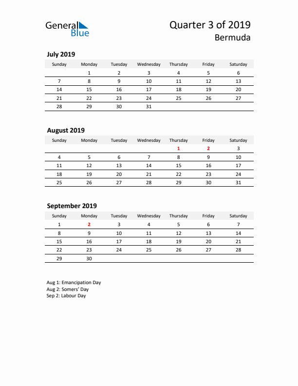 2019 Q3 Three-Month Calendar for Bermuda