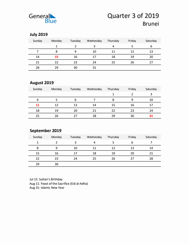 2019 Q3 Three-Month Calendar for Brunei