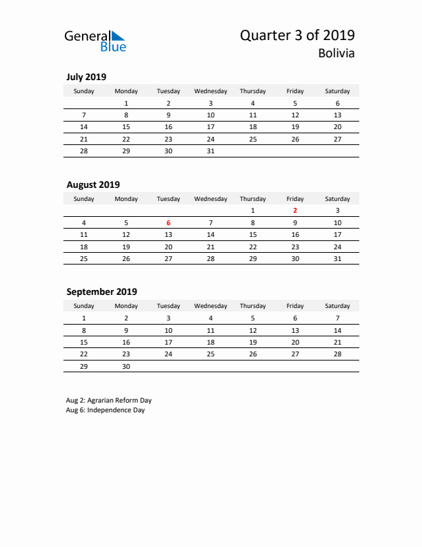 2019 Q3 Three-Month Calendar for Bolivia