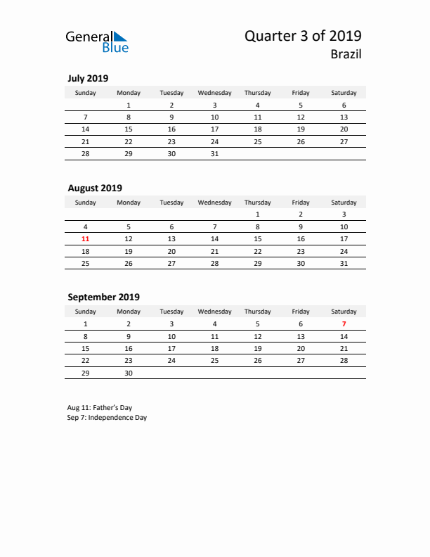 2019 Q3 Three-Month Calendar for Brazil