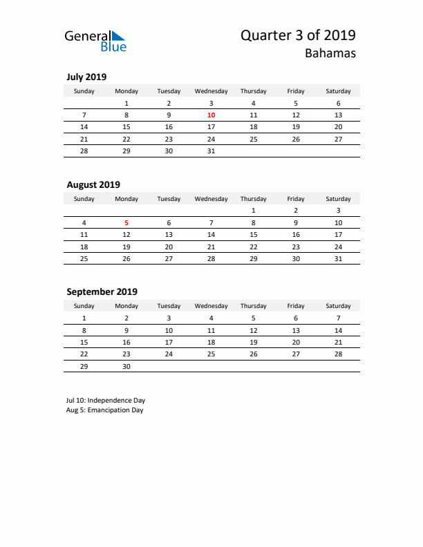 2019 Q3 Three-Month Calendar for Bahamas