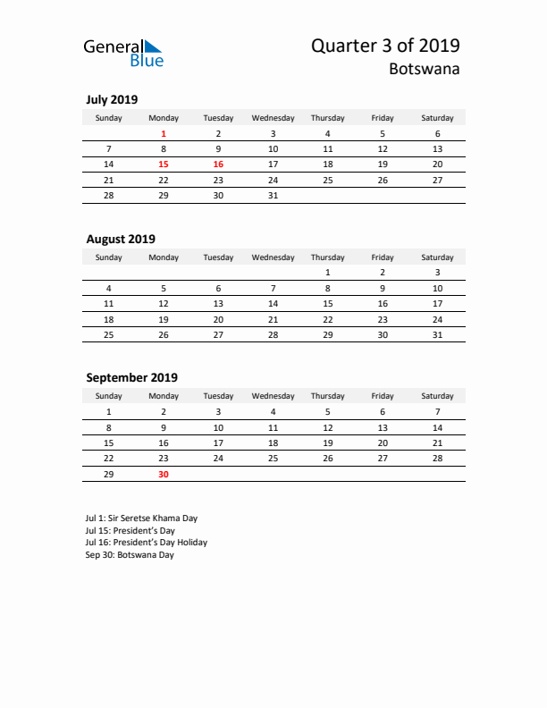 2019 Q3 Three-Month Calendar for Botswana