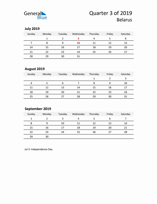 2019 Q3 Three-Month Calendar for Belarus