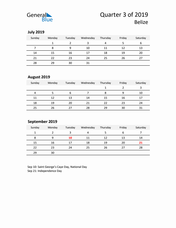 2019 Q3 Three-Month Calendar for Belize