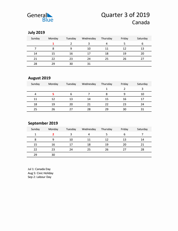 2019 Q3 Three-Month Calendar for Canada