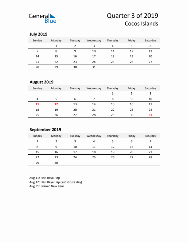 2019 Q3 Three-Month Calendar for Cocos Islands