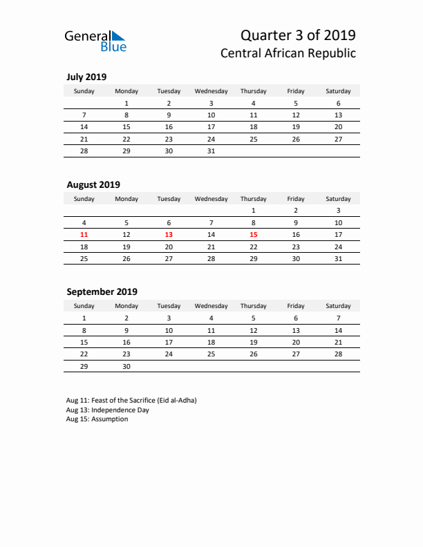 2019 Q3 Three-Month Calendar for Central African Republic