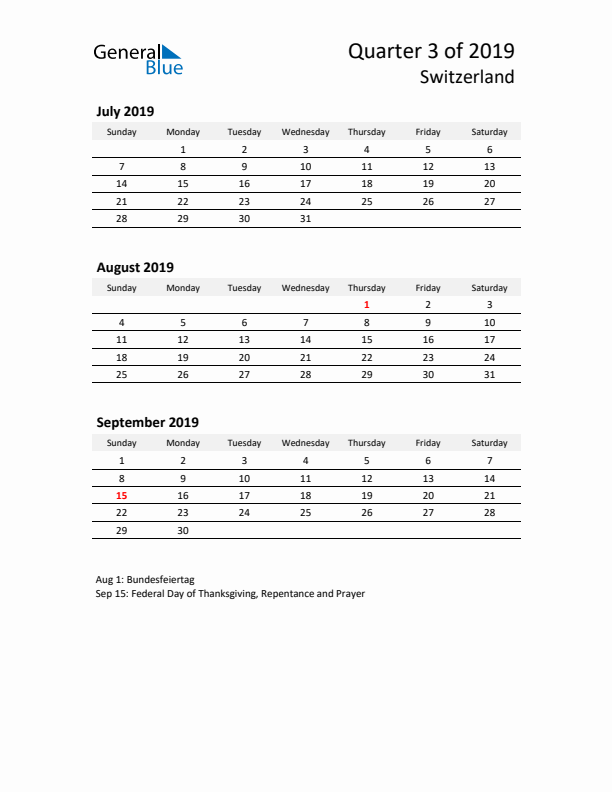 2019 Q3 Three-Month Calendar for Switzerland