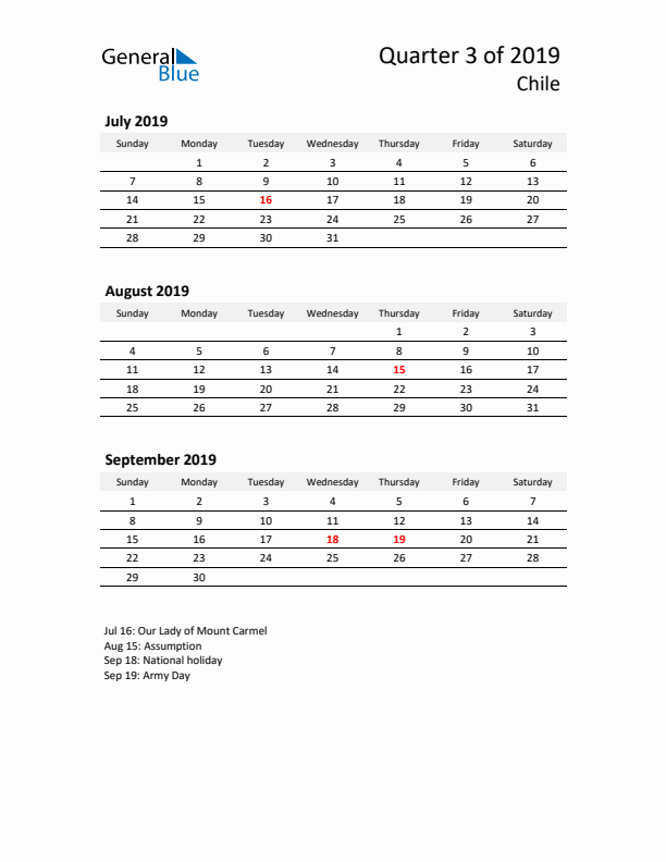 2019 Q3 Three-Month Calendar for Chile