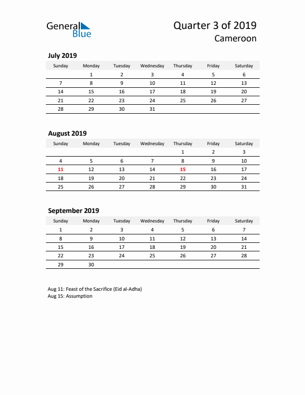 2019 Q3 Three-Month Calendar for Cameroon