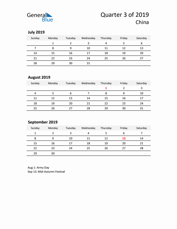 2019 Q3 Three-Month Calendar for China