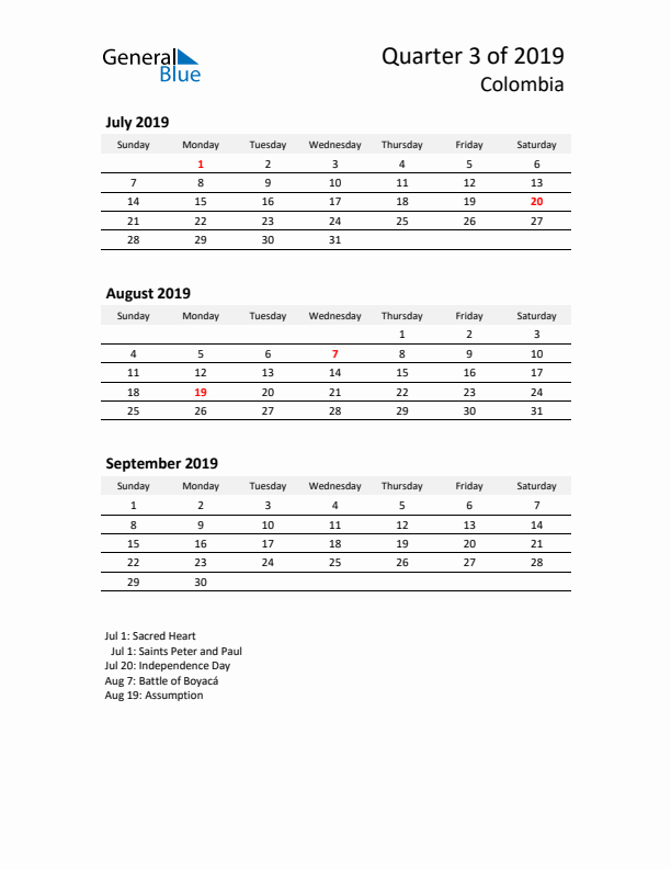 2019 Q3 Three-Month Calendar for Colombia