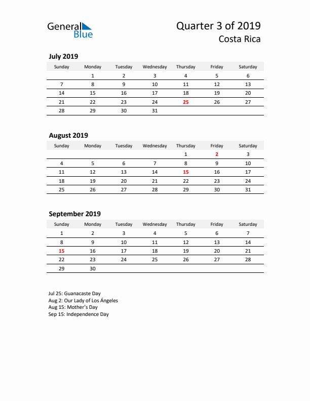 2019 Q3 Three-Month Calendar for Costa Rica