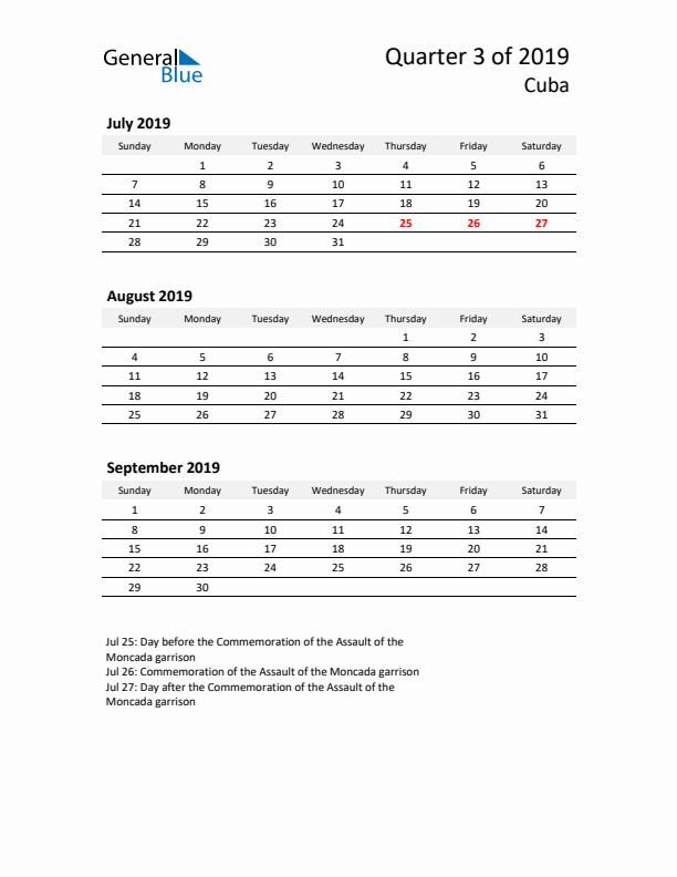 2019 Q3 Three-Month Calendar for Cuba