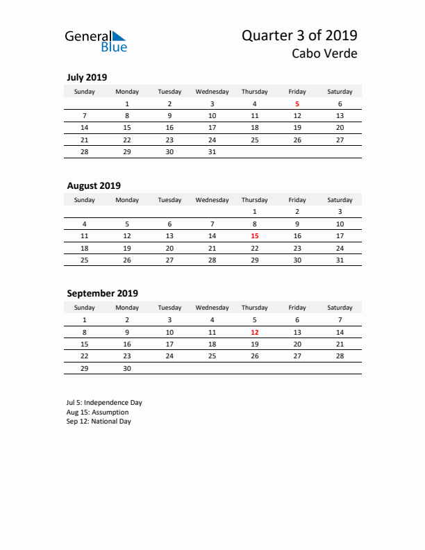 2019 Q3 Three-Month Calendar for Cabo Verde