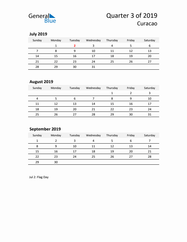 2019 Q3 Three-Month Calendar for Curacao