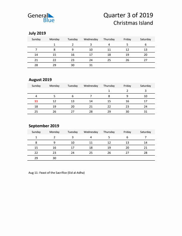 2019 Q3 Three-Month Calendar for Christmas Island