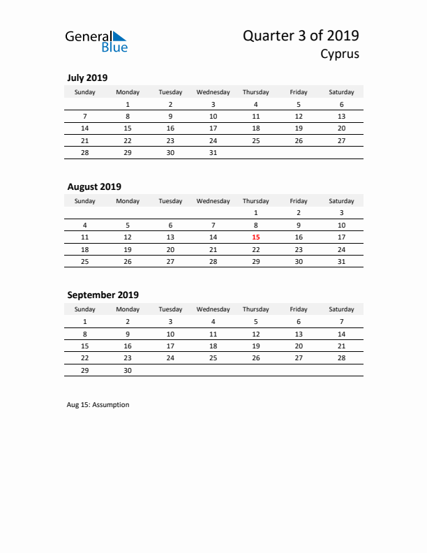 2019 Q3 Three-Month Calendar for Cyprus