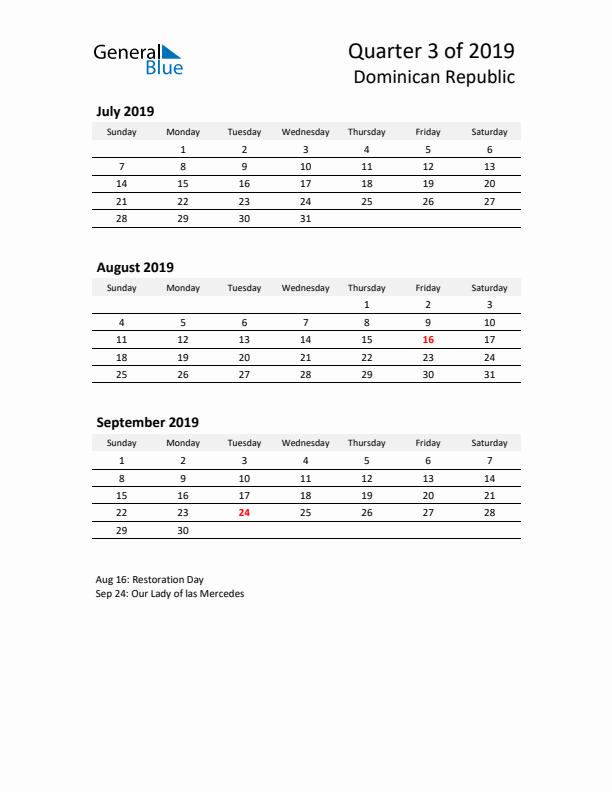 2019 Q3 Three-Month Calendar for Dominican Republic