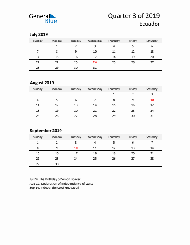 2019 Q3 Three-Month Calendar for Ecuador