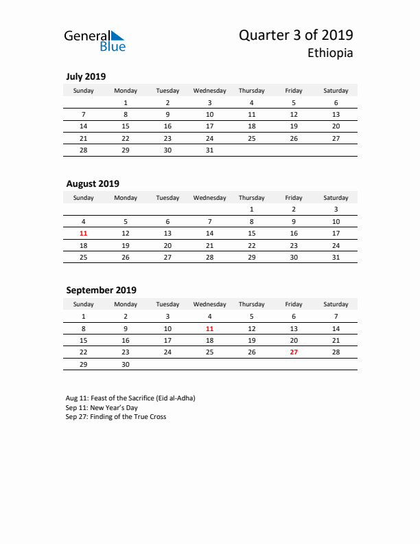 2019 Q3 Three-Month Calendar for Ethiopia