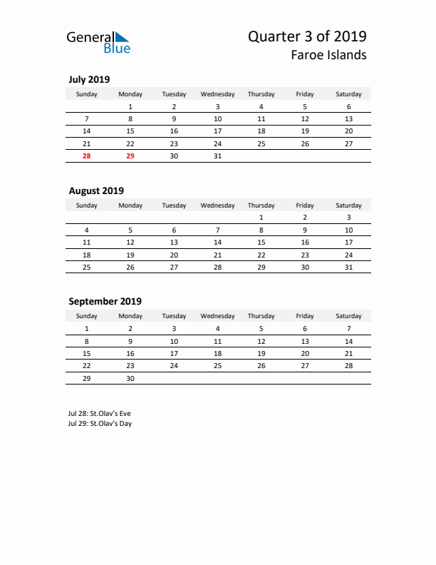 2019 Q3 Three-Month Calendar for Faroe Islands