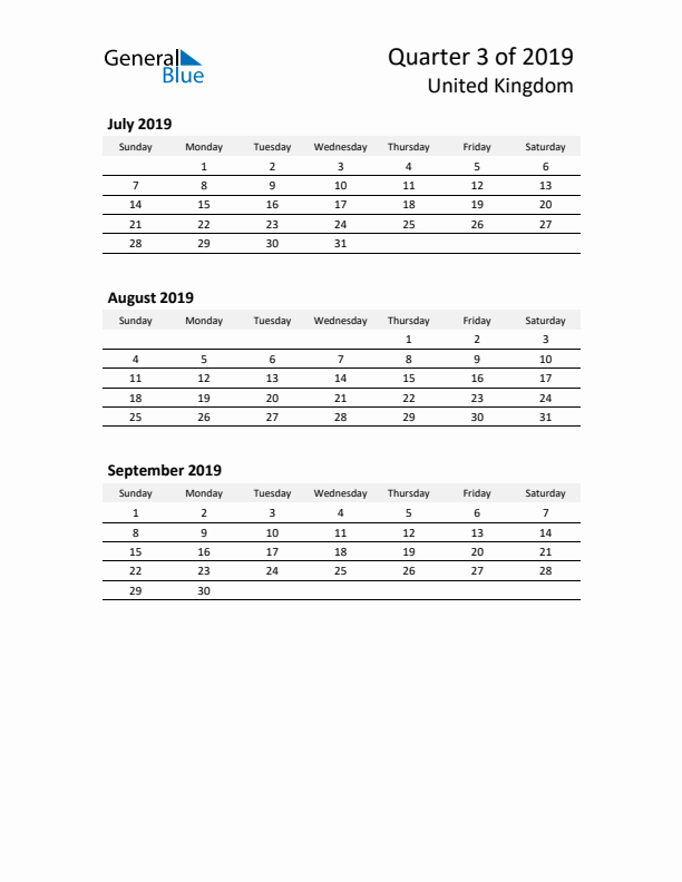 2019 Q3 Three-Month Calendar for United Kingdom